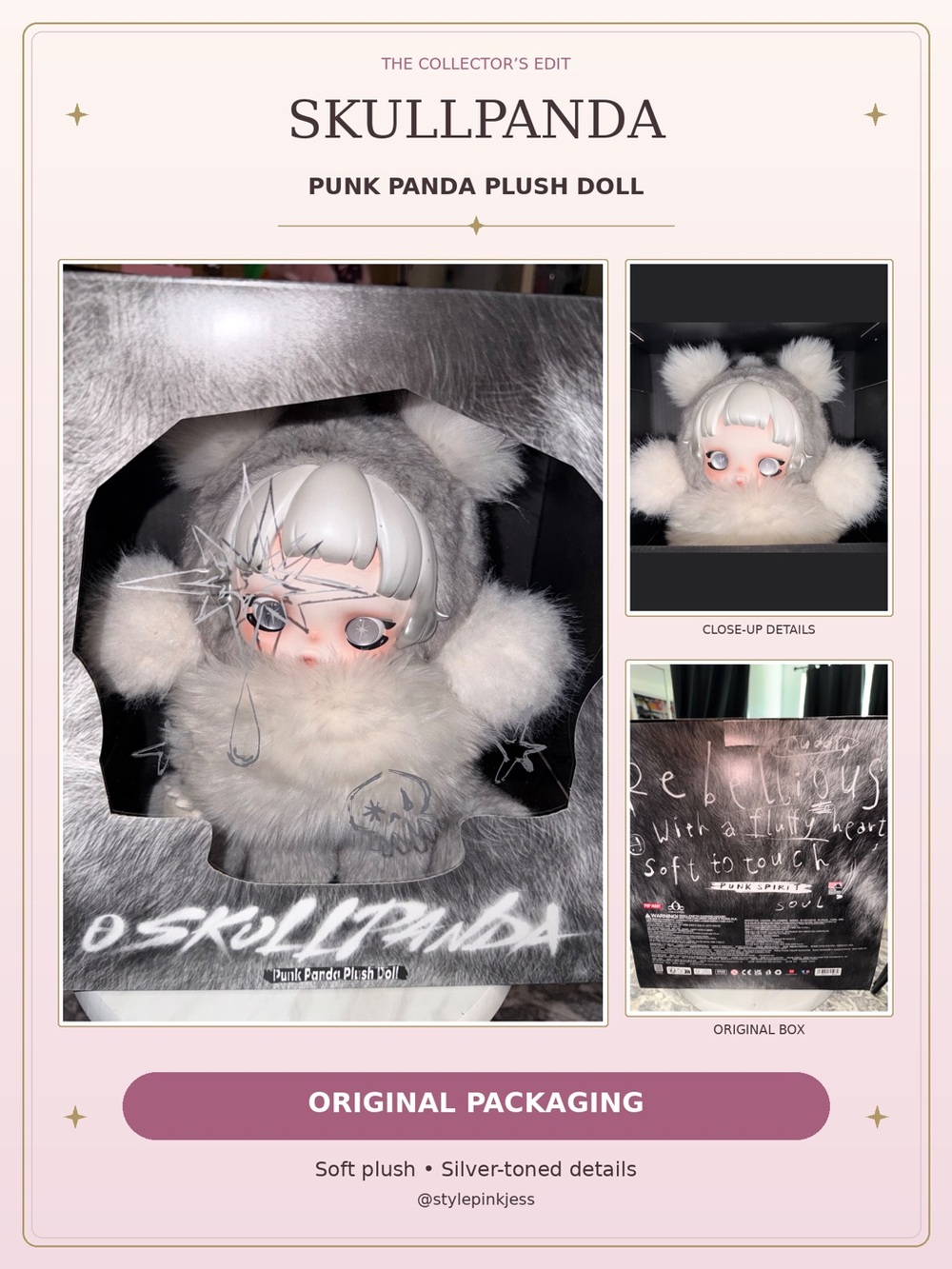 Skullpanda Punk Panda Plush Doll in Silver and White
